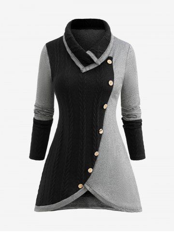 Plus Size Turndown Collar Marled Two Tone Patchwork Buttons Asymmetric Tulip Hem Cable Knit Sweater - BLACK - L