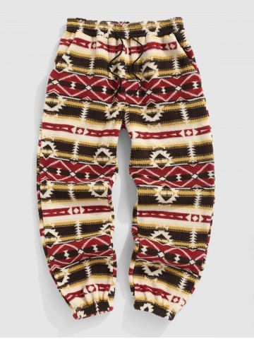 Men's Ethnic Aztec Geometric Printed Fuzzy Fleece Drawstring Beam Feet Casual Pants - MULTI-A - XL