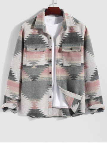 Tribal Geometric Ethnic Aztec Printed Blend Wool Jacket - LIGHT PINK - XXL