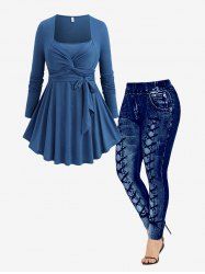 Plus Size Twist Tied Ruffles T-shirt and Leggings Outfit -  
