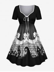 Robe D'Halloween Citrouille Crâne et Nœud Papillon Imprimés de Grande Taille - Noir XS