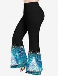 Plus Size Christmas Tree Tie Dye Glitter Print Disco Flare Pants - Bleu 4X