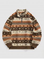 Men's Ethnic Aztec Geometric Jacquard Flocking Quarter Zip Stand Collar Woolen Pullover Sweatshirt -  
