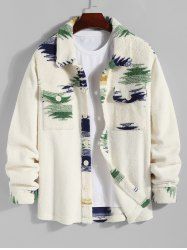 Ethnic Aztec Print Fleece Fluffy Colorblock Pocket Shacket -  