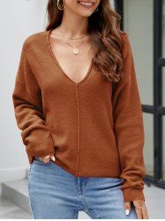 Solid Color Drop Shoulder V Neck Knit Top -  