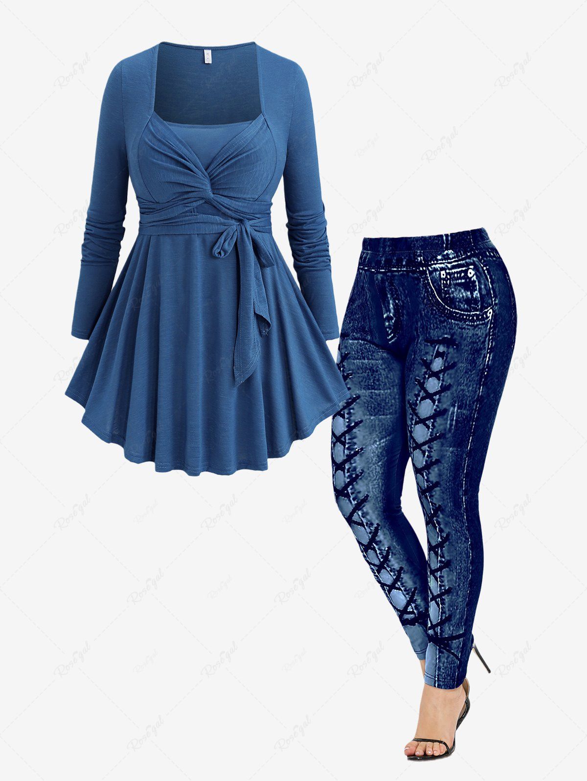 Trendy Plus Size Twist Tied Ruffles T-shirt and Leggings Outfit  