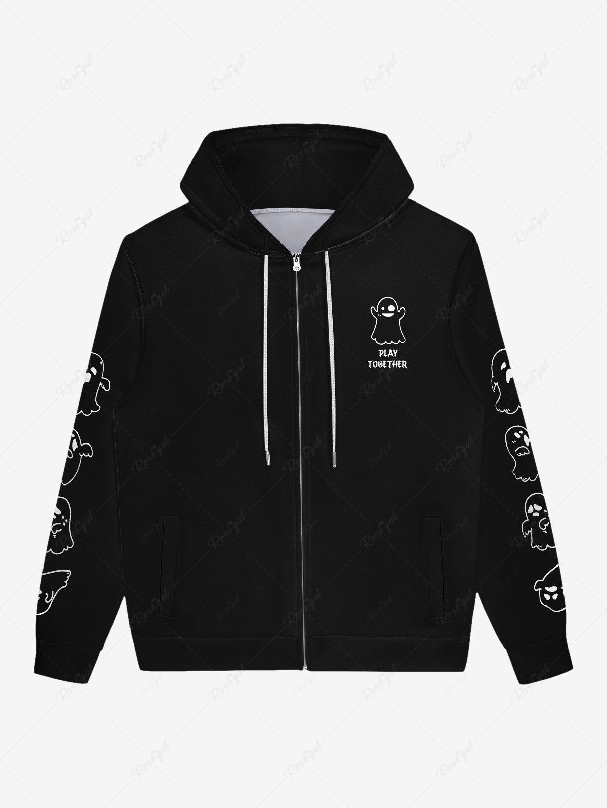 Trendy Gothic Ghost Letters Print Zipper Pockets Drawstring Hoodie For Men  