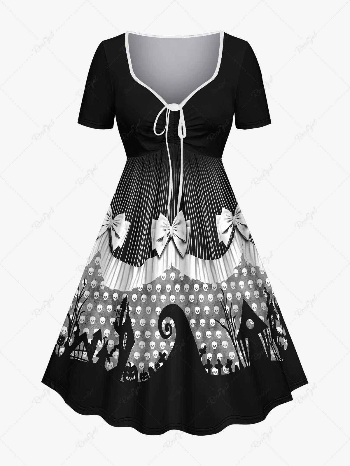 Outfits Plus Size Halloween Pumpkin Skull Cross Bowknot Print Cinched Dress  