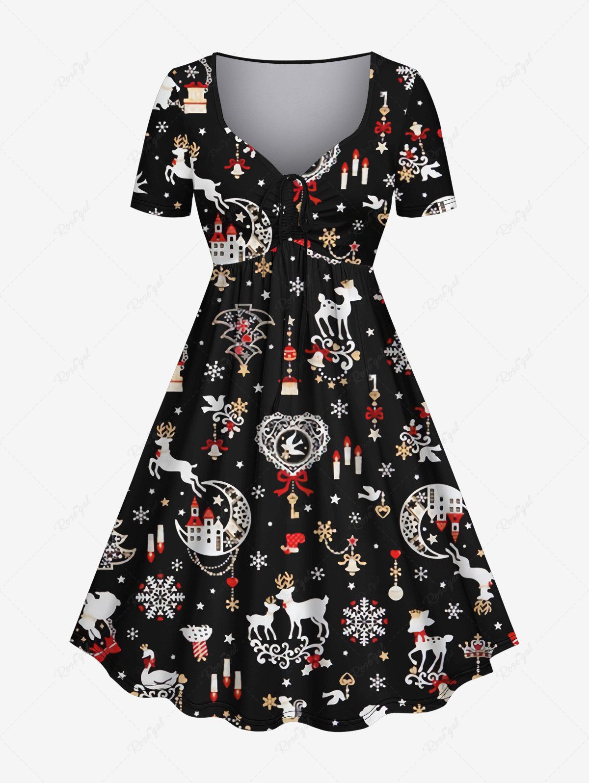 Online Plus Size Christmas Tree Ball Elk Candle Snowflake Moon Print Cinched Dress  