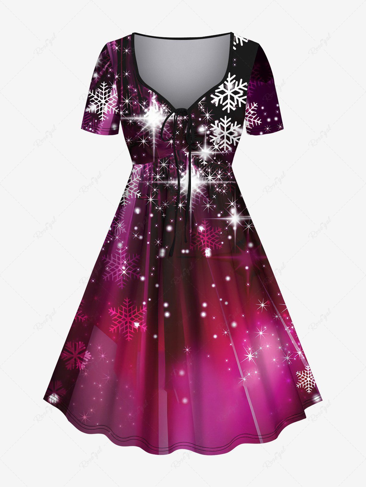 Shops Plus Size Christmas Galaxy Snowflake Glitter Print Cinched Party New Years Eve Dress  