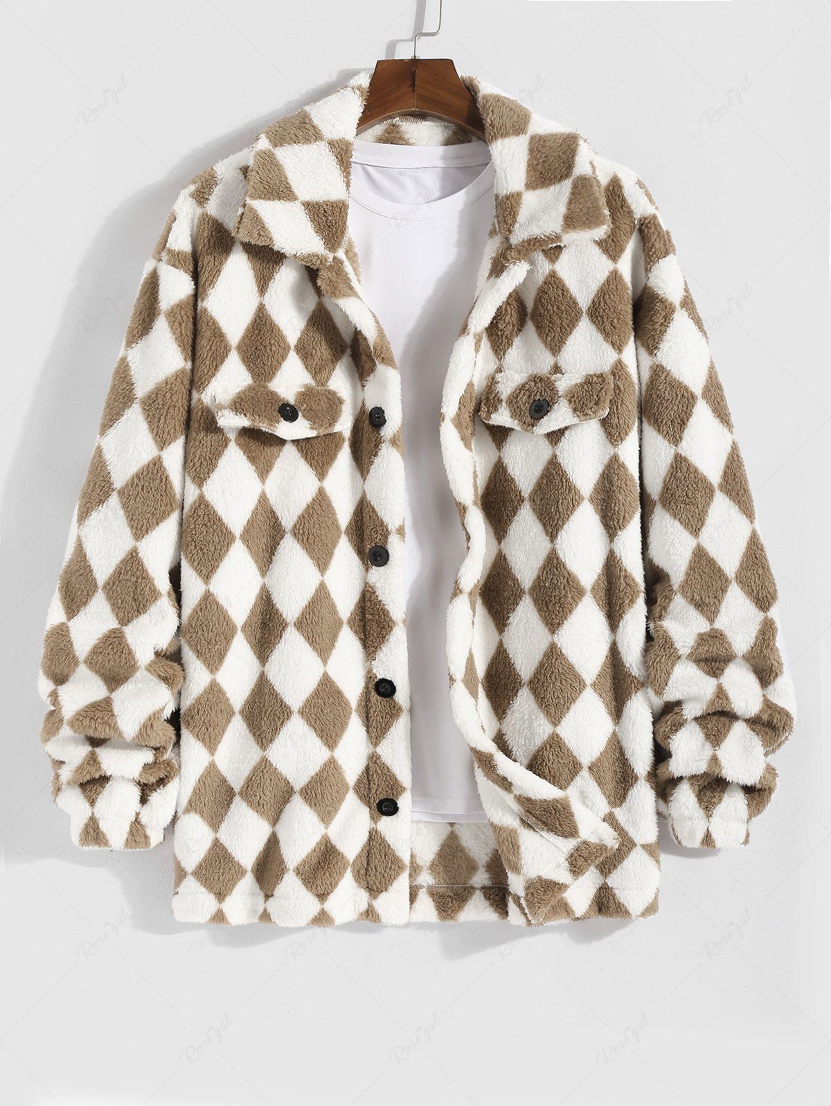 Trendy Men's Colorblock Argyle Pattern Button Front Fluffy Teddy Fleece Jacket  