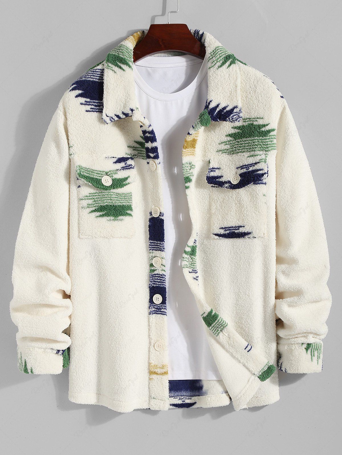 Affordable Ethnic Aztec Print Fleece Fluffy Colorblock Pocket Shacket  