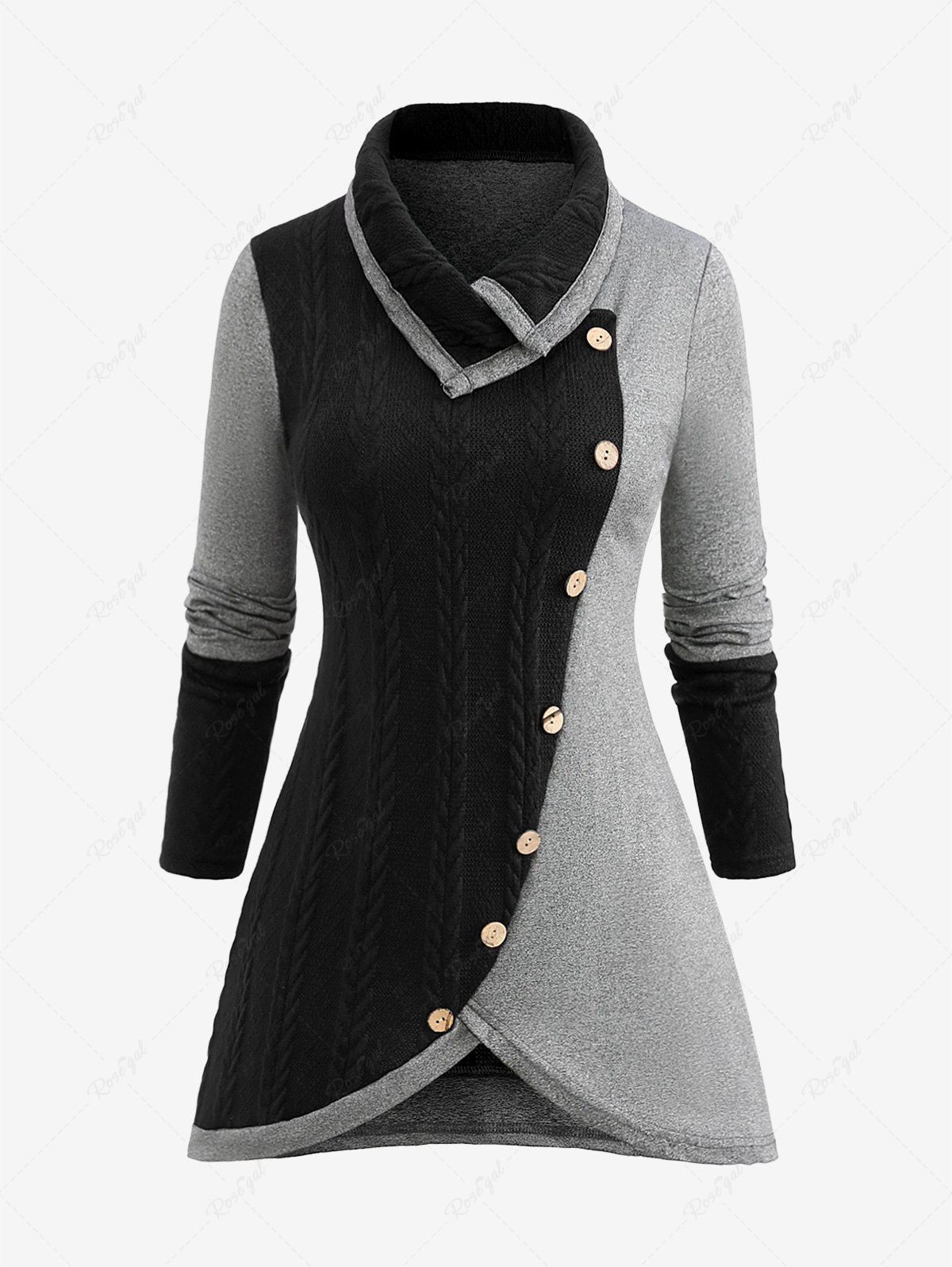 Fashion Plus Size Turndown Collar Marled Two Tone Patchwork Buttons Asymmetric Tulip Hem Cable Knit Sweater  