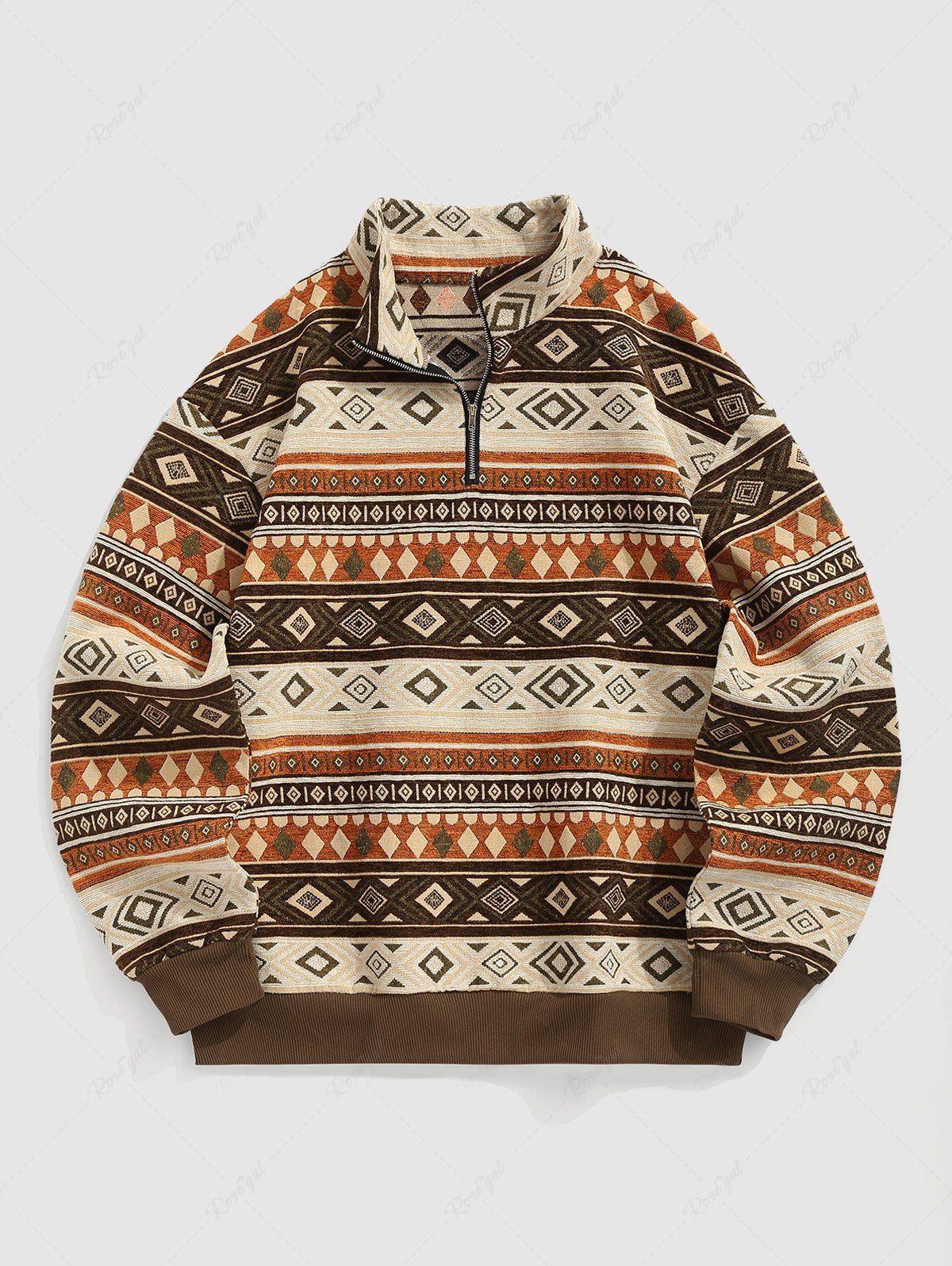 Hot Men's Ethnic Aztec Geometric Jacquard Flocking Quarter Zip Stand Collar Woolen Pullover Sweatshirt  