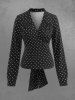 Gothic Bowknot Polka Dot V Neck Ruched Blouse -  