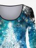 T-shirt Teinté Sapin de Noël et Flocon de Neige Imprimés de Grande Taille à Paillettes - Bleu 1X