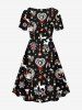 Plus Size Christmas Tree Ball Elk Candle Snowflake Moon Print Cinched Dress -  