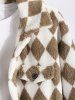 Men's Colorblock Argyle Pattern Button Front Fluffy Teddy Fleece Jacket -  