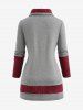 Plus Size Turndown Collar Marled Two Tone Patchwork Buttons Asymmetric Tulip Hem Cable Knit Sweater -  