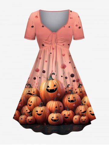 Plus Size 3D Pumpkins Flowers Print Halloween Cinched Ombre Dress - LIGHT PINK - S