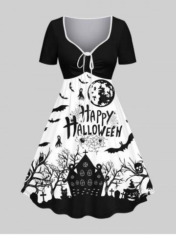 Plus Size Moon Bat Tree Castle Skull Pumpkin Letters Print Halloween Cinched Dress - BLACK - XS