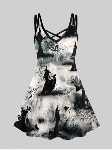 Plus Size Wizard Cat Tree Ink Painting Print Halloween Crisscross Cami Dress - BLACK - XS