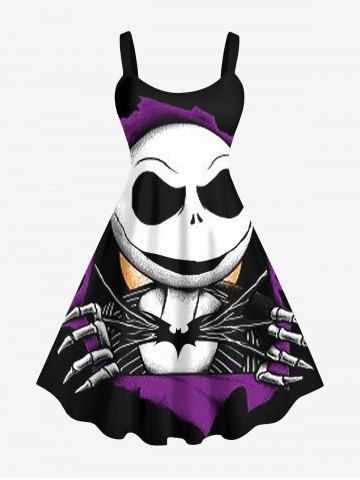 Plus Size 3D Cartoon Monster Skull Bat Print Halloween Tank Dress - BLACK - L