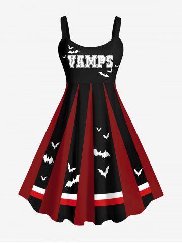 Plus Size Halloween Bat Letters Print Tank Dress - DEEP RED - XS