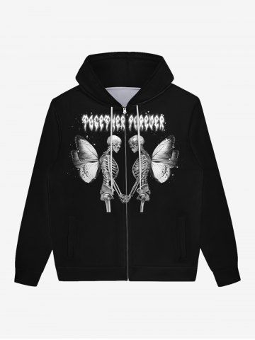 Gothic 3D Skeleton Butterfly Print Zipper Pockets Drawstring Halloween Hoodie For Men - BLACK - 5XL