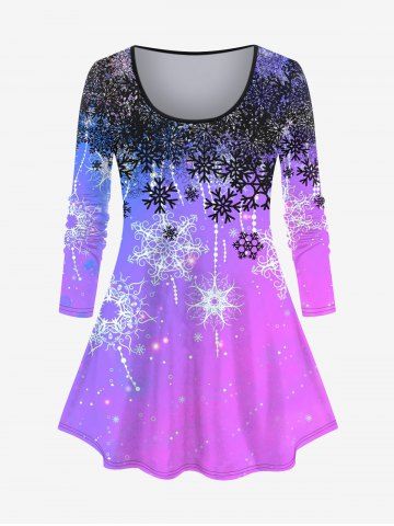 Plus Size 3D Glitter Snowflake Print Ombre Christmas Long Sleeves T-shirt - PURPLE - S