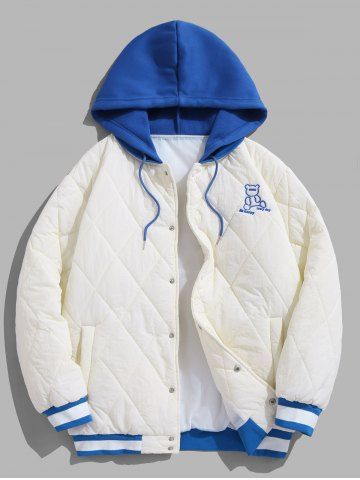 Cartoon Bear Embroidered Colorblock Hooded Quilted Padded Jacket - WHITE - S