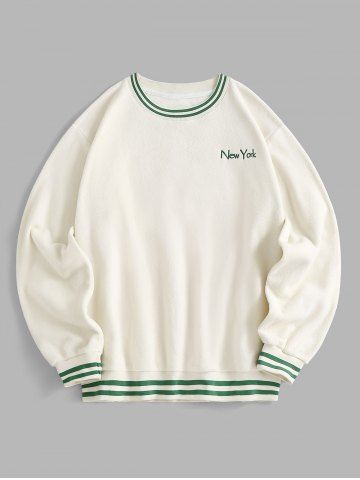 Striped Trim Fleece New York Embroidered Sweatshirt - WHITE - XXL