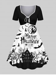 Plus Size Moon Bat Tree Castle Skull Pumpkin Letters Print Halloween Cinched Dress -  