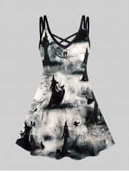 Robe D'Halloween Croisée Chat et Arbre Imprimés de Grande Taille - Noir XS