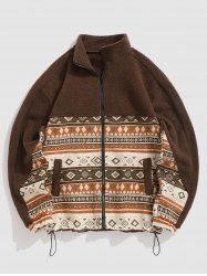 Men's Ethnic Aztec Geometric Printed Zip Fly Fluffy Teddy Fleece Spliced Jacket -  