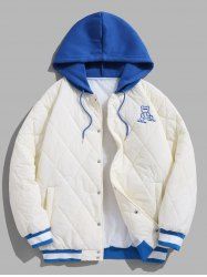 Cartoon Bear Embroidered Colorblock Hooded Quilted Padded Jacket -  