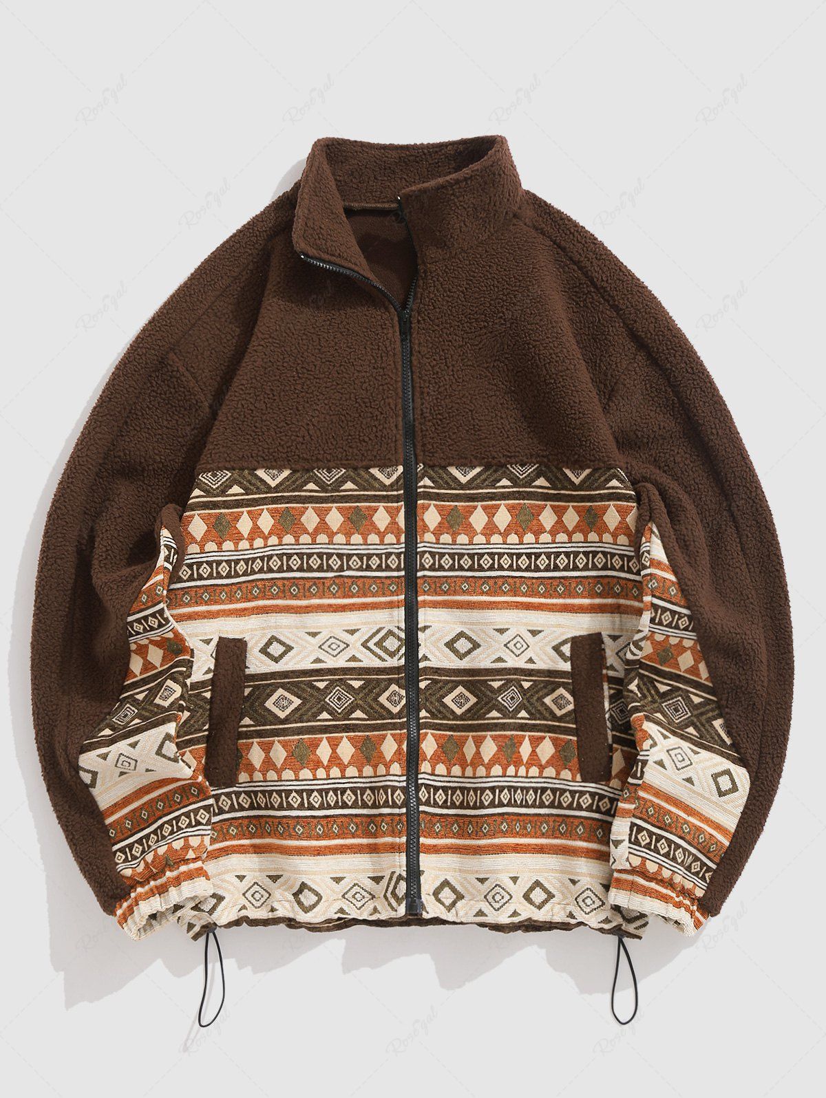 Latest Men's Ethnic Aztec Geometric Printed Zip Fly Fluffy Teddy Fleece Spliced Jacket  