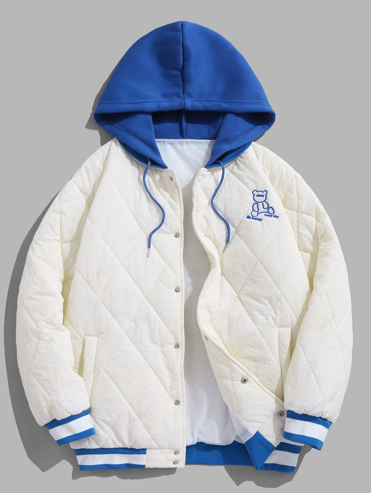 Shops Cartoon Bear Embroidered Colorblock Hooded Quilted Padded Jacket  