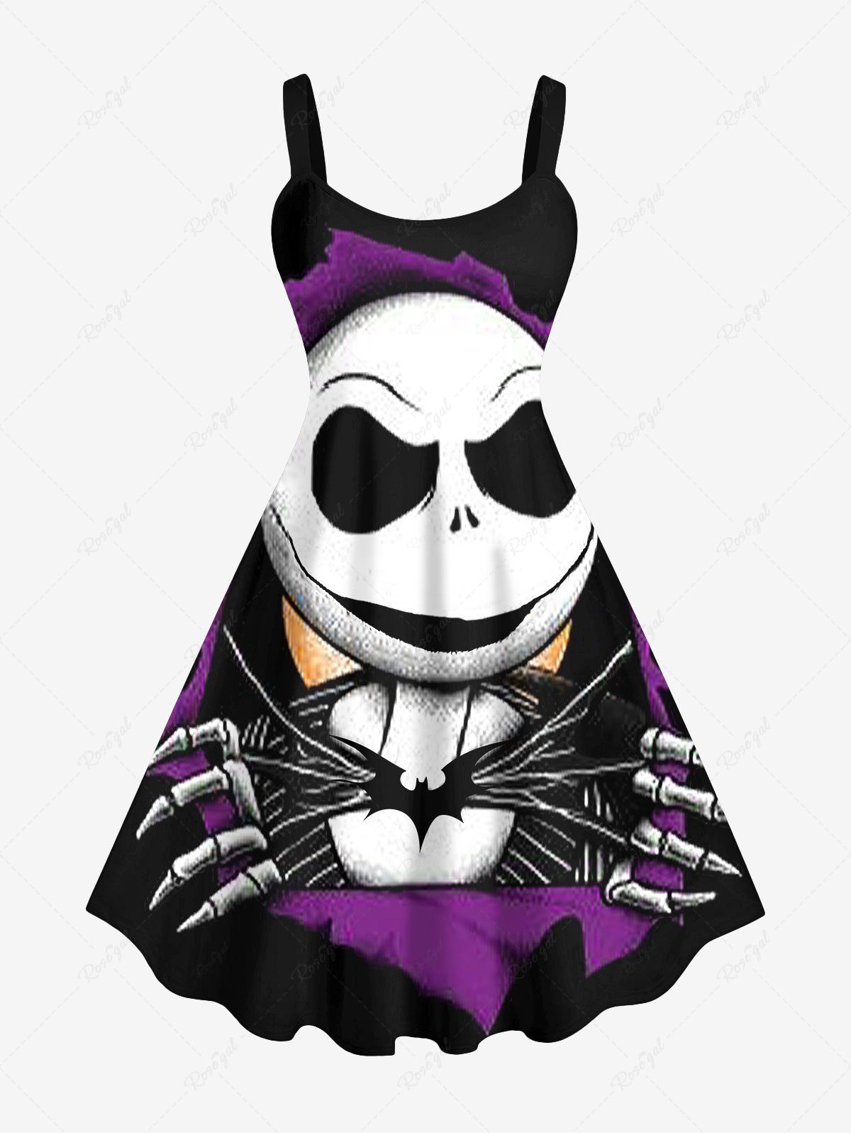 Trendy Plus Size 3D Cartoon Monster Skull Bat Print Halloween Tank Dress  