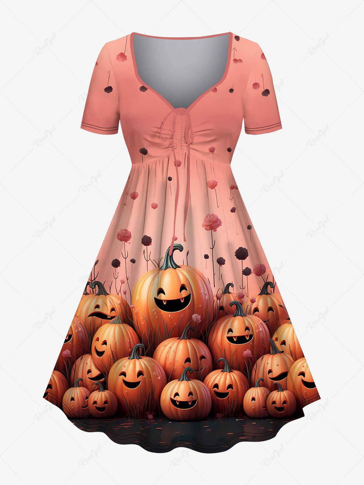 Online Plus Size 3D Pumpkins Flowers Print Halloween Cinched Ombre Dress  