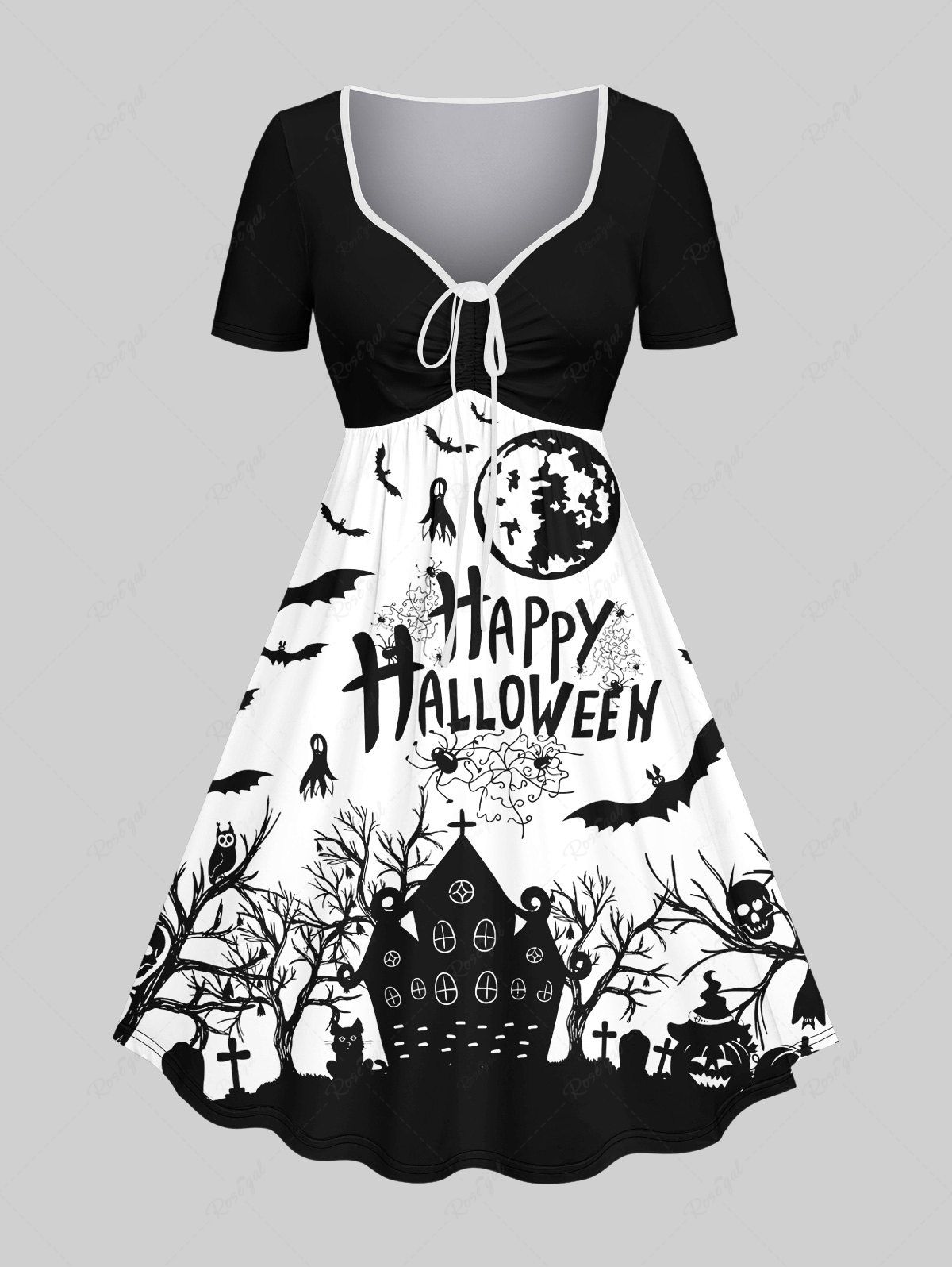 Online Plus Size Moon Bat Tree Castle Skull Pumpkin Letters Print Halloween Cinched Dress  