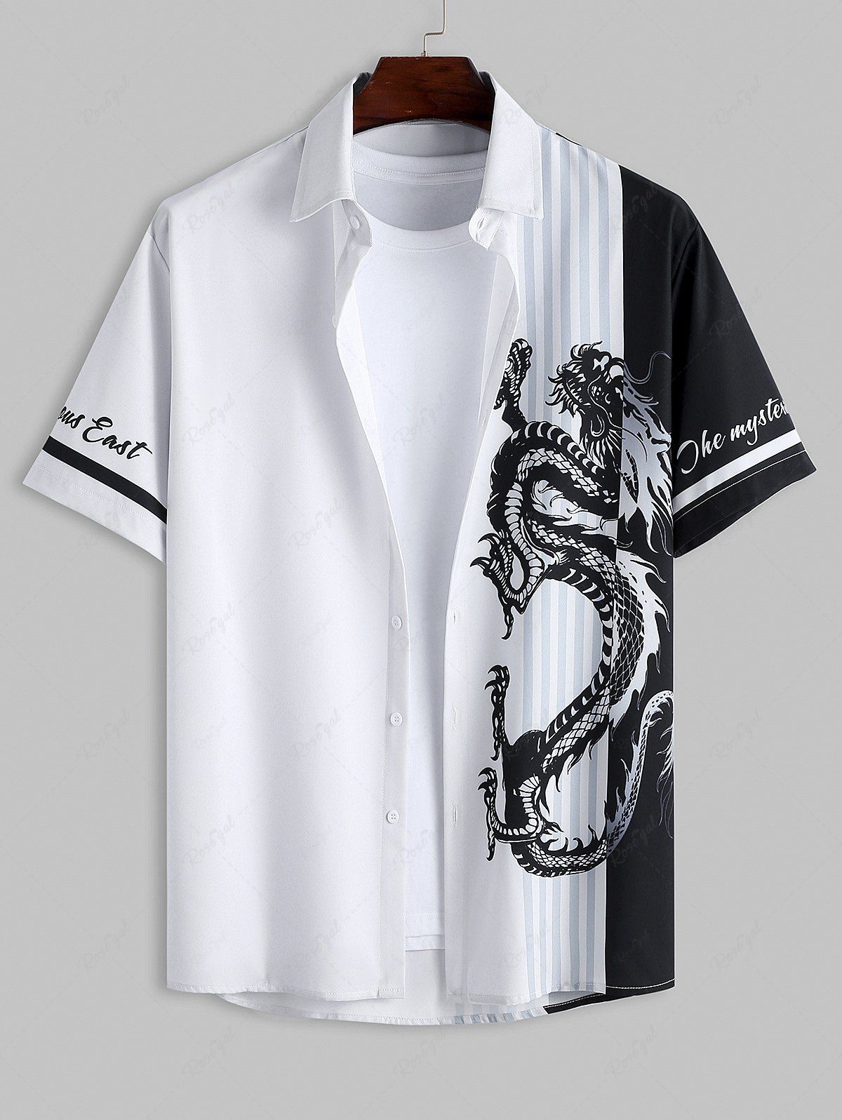 Trendy Chinese Style Letter Dragon Colorblock Pattern Short Sleeves Shirt  