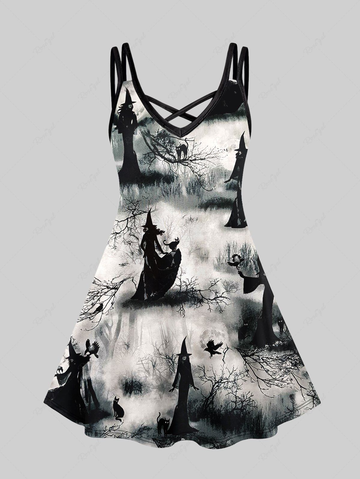Latest Plus Size Wizard Cat Tree Ink Painting Print Halloween Crisscross Cami Dress  