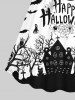 Plus Size Moon Bat Tree Castle Skull Pumpkin Letters Print Halloween Cinched Dress - Noir 6X