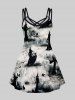 Plus Size Wizard Cat Tree Ink Painting Print Halloween Crisscross Cami Dress -  