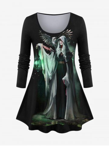 Plus Size Halloween Witch Latern Glitter Owl Print T-shirt - BLACK - S