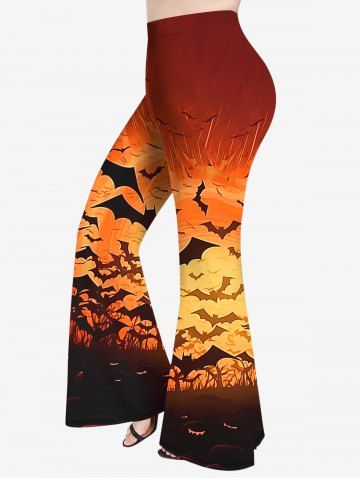 Pantalon Evasé D'Halloween Citrouille et Chauve-souris Imprimés de Grande Taille - ORANGE - 1X