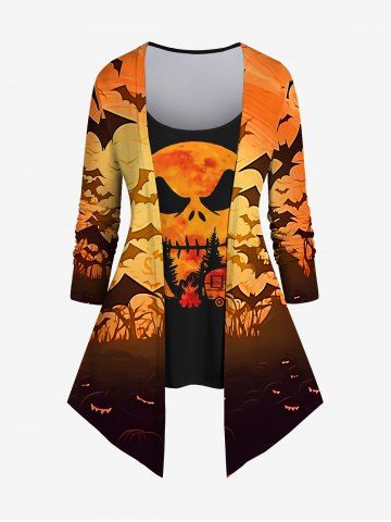 Plus Size Halloween Bat Pumpkin Skull Flame Print 2 In 1 Tee - ORANGE - XS