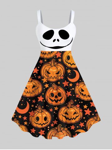 Plus Size Halloween Pumpkin Moon Star Skull Print Tank Dress - ORANGE - 4X