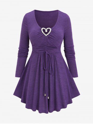 Plus Size Valentine's Day Glitter Sparkling Heart Buckle Cinched Ruched Solid Long Sleeves T-shirt - PURPLE - M | US 10